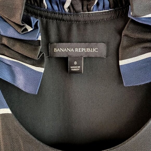 Banana Republic Blue Black Satin Ruffle Neck Sleeveless Dress Size 8 Lined - Picture 10 of 10